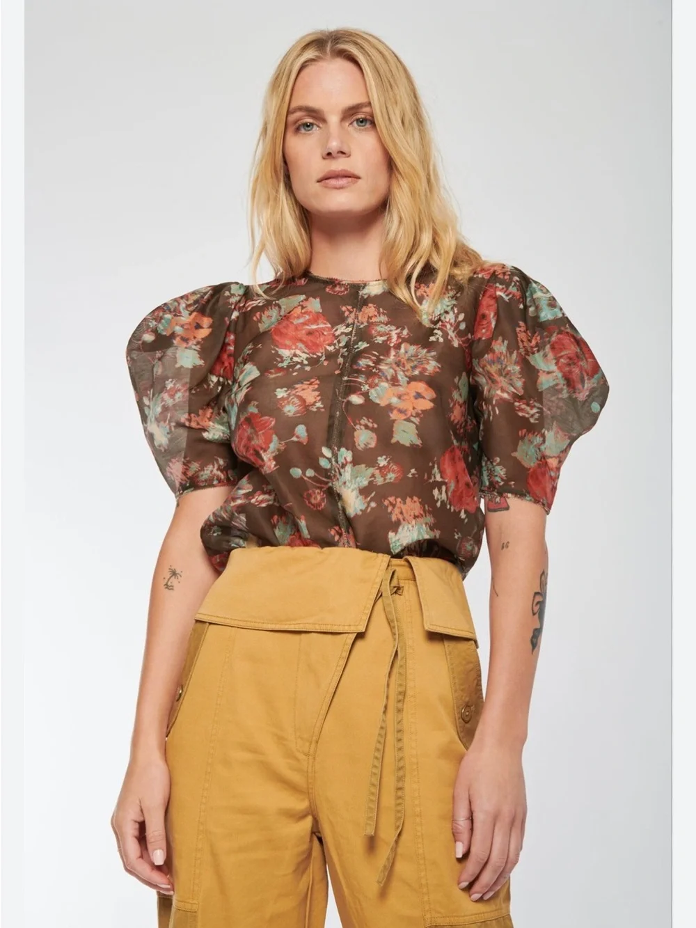 Ulla Johnson Lise Brown Floral Puff-Sleeve Blouse in Fern